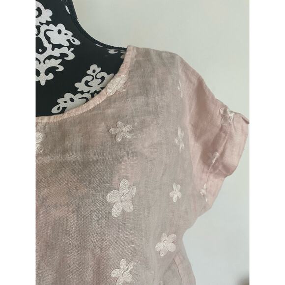 Terzo Millenio Tops - Terzio Millenio pink blush floral embroidered linen short sleeve blouse small